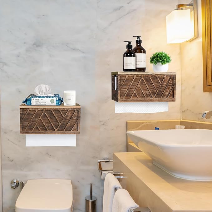 Set of 2 Paper Towel Dispenser Wall Mount, Paper Towel Holder Wall Mounted with Lid, Solid Wood Commercial C-Fold, Z-Fold, Trifold Hand Paper Towel Holder Hand Towel Holder for Bathroom Kitchen Decor