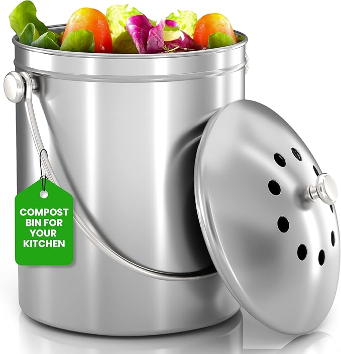 Utopia Kitchen Compost Bin for Kitchen Countertop, 1 Gallon Compost Bucket for Kitchen with Lid, Includes 1 Spare Charcoal Filter (Silver)