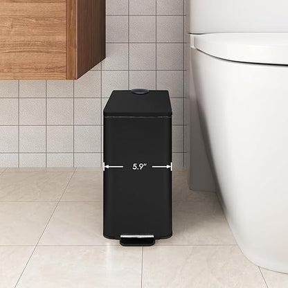 Stainless Steel Small Trash Can with Lid & Step Pedal - 6 Liters/1.6 Gallon Soft Close Garbage Can with Removeable Inner Bucket - Trash Cans for Bathroom, Bedroom, Kitchen & Office (Black)