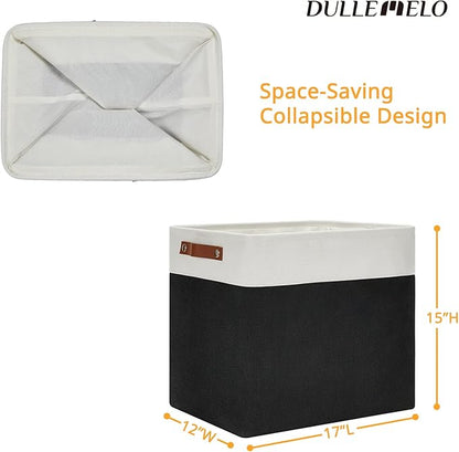 DULLEMELO Large Fabric Basket for Organizing, 17"x12"x15" Storage Basket With Leather Handles, Collapsible Storage Bin for Clothes, Toys, Books, Office, Bedroom, Closet, Nursery&Laundry (White&Black)