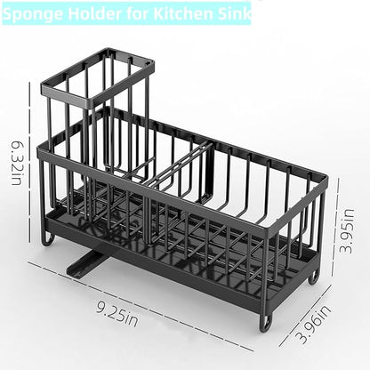 Sponge Holder for Kitchen Sink, Stainless Steel Sink Caddy with Auto Drain Tray, Kitchen Organizer with Towel Brush Holder for Countertop, Soap Dispenser Storage Accessories (Black Large)