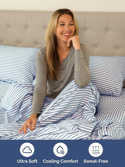 Extra Deep Pocket Twin Sheets - 3 Piece Breathable & Cooling Bed Sheets - Hotel Luxury Bed Sheet Set - Soft, Wrinkle Free & Comfy - Easily Fits Extra Deep Mattresses - Deep Pocket Blue Striped Sheets