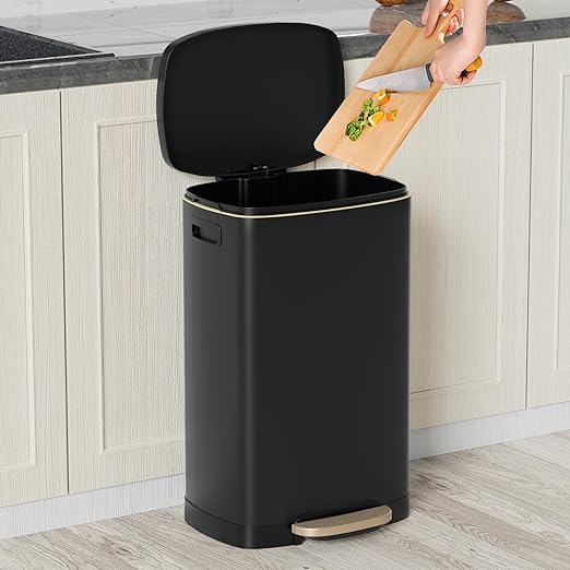 13 Gallon Trash Can with Lid, 50L Fingerprint Proof Stainless Steel Kitchen Trash Can with Removable Inner Bucket and Lid Soft Close, Pedal Rubbish Bin for Home Office, Black