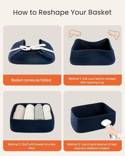 Small Woven Basket, 12 x 8 x 4.5 Inches, Storage Basket for Organizing, Cute Small Rope Shelf Closet Cube Storage Bins Baskets for Shelves, Dog Toy Gift Baskets Empty, 3 Packs, Navy Blue