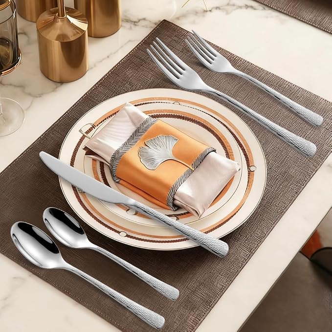 Black Hammered Silverware Set, Heavy Duty Flatware Set, 18/10 Stainless Steel