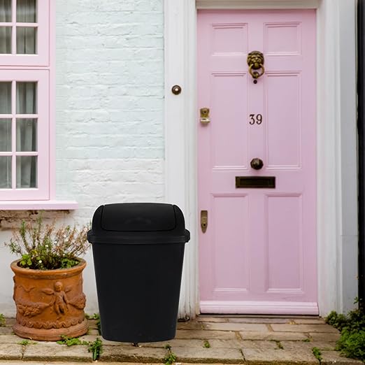 10 Gallon Plastic Garbage Bin with Lid, Swing Top Waste Container, Kitchen Trash Can with Swing Lid, Black, 4 Packs