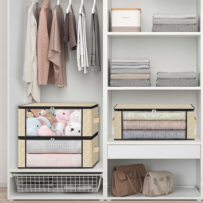 HomeHacks Storage 3-Pack Clothes Organizer Storage Bags Foldable Storage Box with Large Clear Window Sturdy Handles for Closet, Dorm, Pillows, Bedding, Clothes, Blankets, 35L, Beige