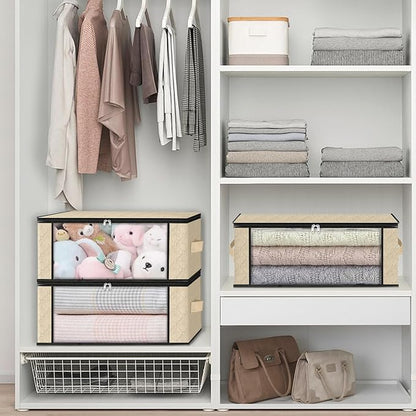 HomeHacks Storage 3-Pack Clothes Organizer Storage Bags Foldable Storage Box with Large Clear Window Sturdy Handles for Closet, Dorm, Pillows, Bedding, Clothes, Blankets, 35L, Beige