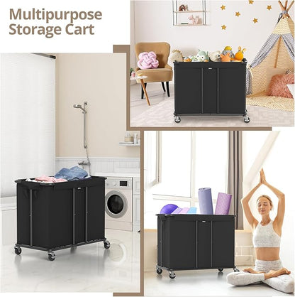 Laundry Hamper with Wheels, 2-Section 230L (61Gal) Large Capacity, Heavy-Duty Rolling Clothes Basket with Silent Rubber Casters & Detachable Oxford Bags for Home, Black, 31.5"Lx15.75W"x30.7"H