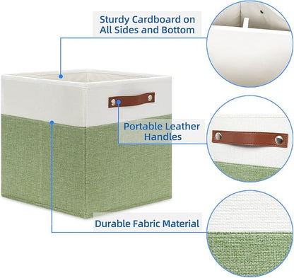 Temary 12 Inch Fabric Storage Cubes Storage Bins with Leather Handles, 4 Pack Cube Baskets Bins for Organizing Closet, Foldable Cloth Baskets for Shelves (White&Green)