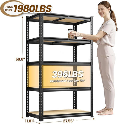 1980LBS Storage Shelves, 5-Tier Adjustable Pantry Shelves, Metal Shelving Unit for Kitchen, Pantry, Closet, Laundry, Garage, 59.8" H x 27.55" W x 11.81" D