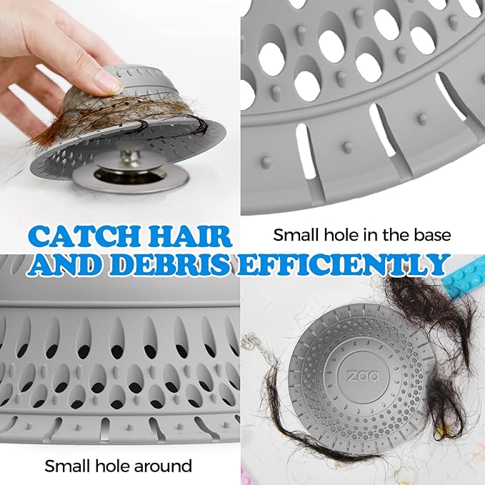 zaa 5 Pcs Bathtub & Shower Drain Hair Catcher, 2 Pack Silicone Collapsible Drain Protector and Drain Cover with 3 Snake Drain Clog Removers, for Pop-Up and Regular Drains of Tub, Shower, Bathroom