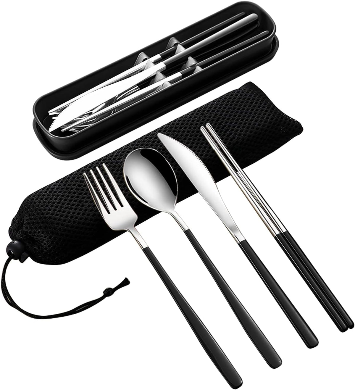 VANRA 4-Piece Portable Travel Utensils Set with Case 18/8 Stainless Steel Flatware Set Reusable Cutlery Set with Fork Spoon Knife Chopstick for Lunch Travel Camping School Work Picnic (Black)