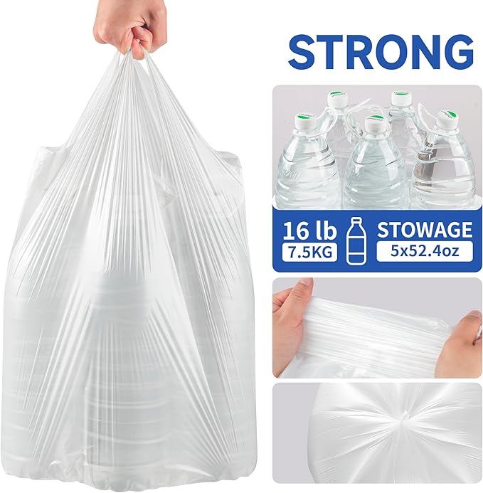 Small Trash Bags with Handles 3 Gallon 200 Count White - Ocean Plastic Upcycling - Plastic Garbage Bags, Can Bin & Waste Basket Liner for Kitchen, Bathroom, Office and Pets