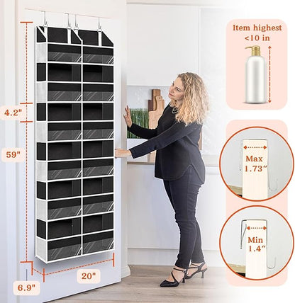 Over The Door Organizer 6 Tiers, Extra Large Behind Door Storage of 12 Compartments, 80 lbs Weight Capacity Hanging Storage Organizer with Clear Window Kids Toys, Shoes, Diapers, Room Storage,Black
