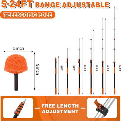 30FT Reach Cobweb Duster with Extension Pole, High Ceiling Long Duster with 5-24FT Telescoping Pole, Spider Web Brush for Indoor Outdoor Use