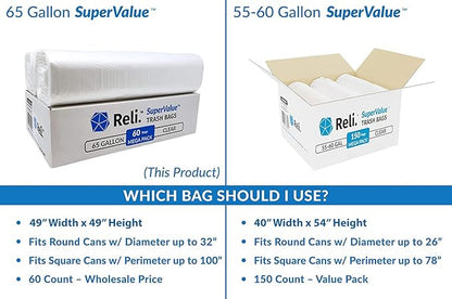 Reli. SuperValue 65 Gallon Trash Bags | 60 Count | Made in USA | Heavy Duty | Clear Multi-Use Garbage Bags