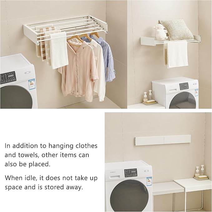JOOM Laundry Drying Rack Collapsible, Wall Mounted Clothes Drying Rack, Retractable Drying Rack, 31.5" Wide, 5 Aluminum Rods, 60 lb Capacity (White 31.5")