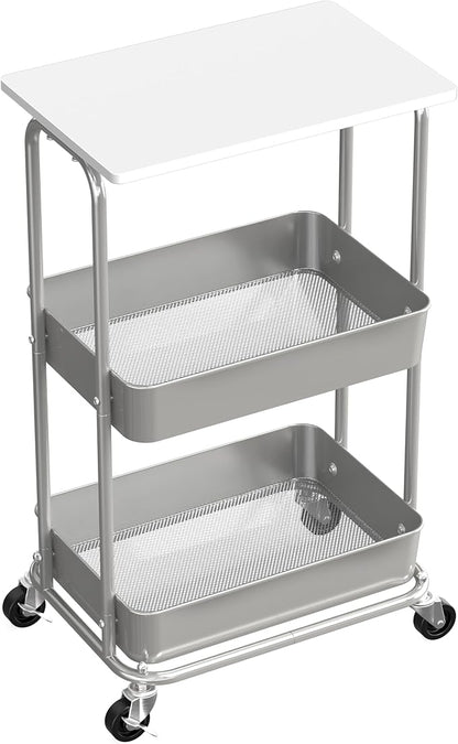 Simple Houseware 2-Tier Rolling Utility Cart with Lockable Wheels and Wood Top, Metal Storage Organizer Trolley for Kitchen, Bathroom, Office, Craft Room, White