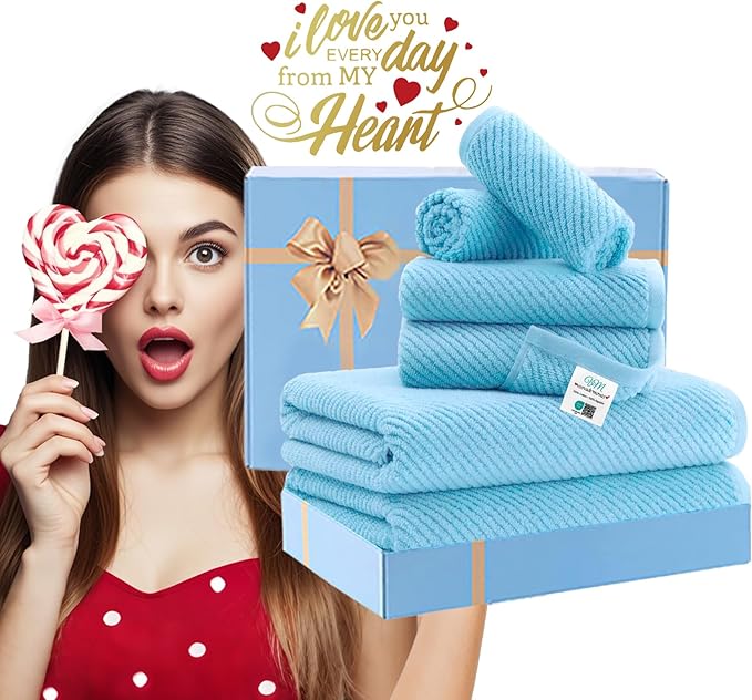 Towels for Bathroom - 100% Cotton | Quick Dry | Lightweight | Thick | Soft, Towel Set of 6, 2 Large Bath 30"x56", 2 Hand 18"x28", 2 Wash Cloths 13"x13", Luxury Towel Gift Set, Blue Towels Bathroom Set