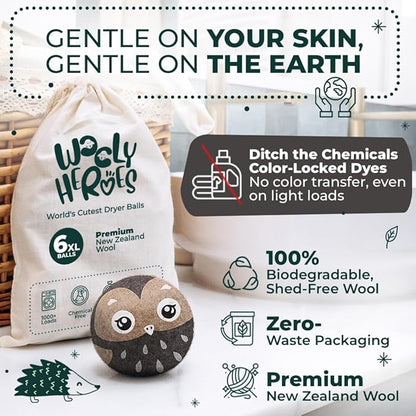 No More Dryer Sheets! Reusable Wool Dryer Balls XL 6-Pack - Reduces Static, Cuts Dry Time, & Softens Naturally
