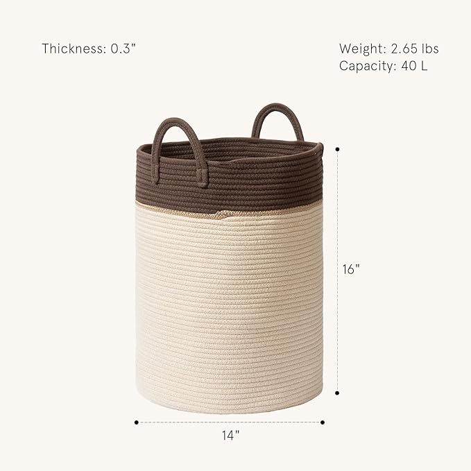 LA JOLIE MUSE Woven Basket Rope Storage Baskets - Large Cotton Organizer, Laundry Basket, Oatmeal, 40 Litres