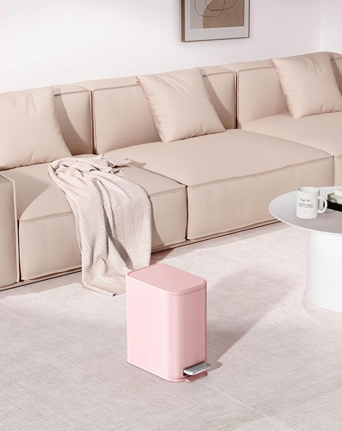 Cesun Small Bathroom Trash Can with Lid Soft Close, Step Pedal, 5 Liter / 1.3 Gallon Stainless Steel Garbage Can with Removable Inner Bucket, Waste Basket for Bathroom, Bedroom (Pink)