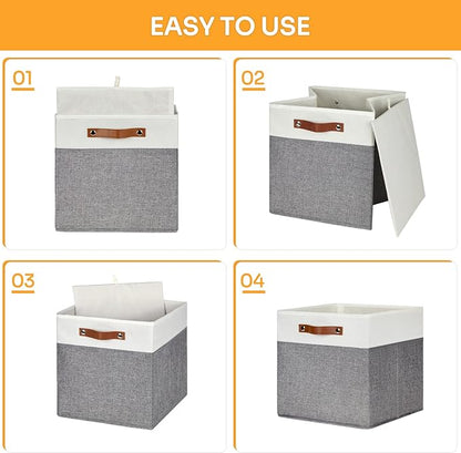 DULLEMELO Storage Cubes 13 inch, Collapsible Sturdy Cube Storage Bins With Handles for Organizing,Fabric Storage Baskets for Shelves Nursery Closet Home Organization (White&Grey-4 Pack)