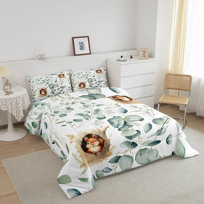 Erosebridal Kawaii Squirrel Full Comforter Set for Boys Girls Cartoon Animal Bedding Set Full, Eucalyptus Leaves Bedding Comforter Sets Jungle Wildlife Duvet Set, Tropical Plants Quilted Comforter