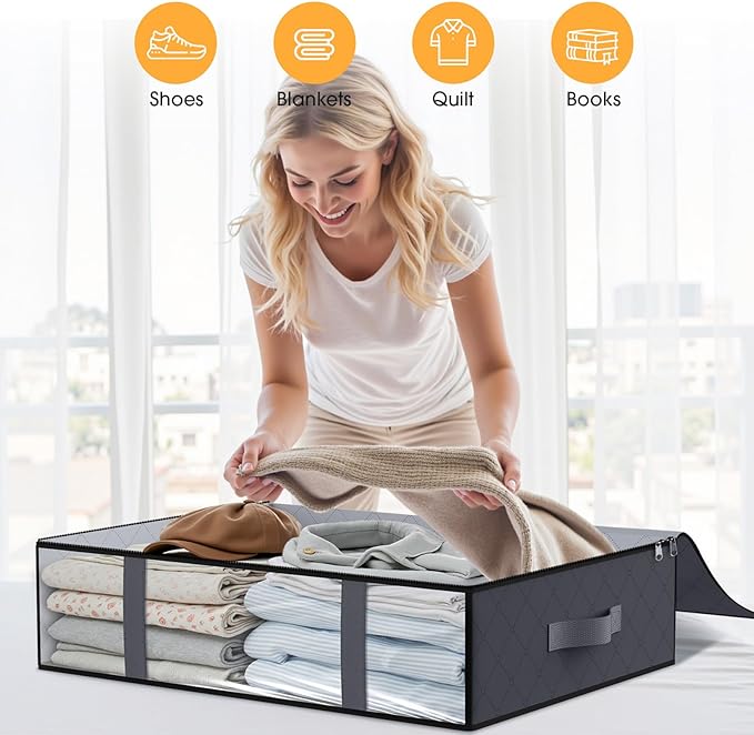 StorageRight Under Bed Storage Bins, 6-Pack 40L Foldable Fabric Storage Bags with Transparent Window, Breathable Organizer for Clothes/Blanket/Comforter/Quilt, Grey