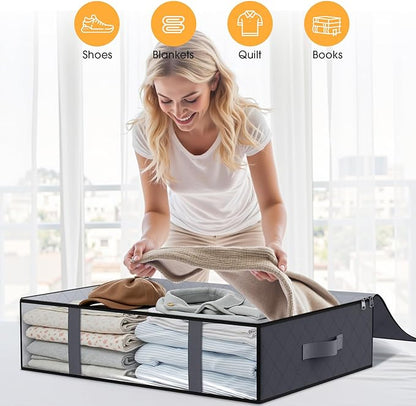 StorageRight Under Bed Storage Bins, 6-Pack 40L Foldable Fabric Storage Bags with Transparent Window, Breathable Organizer for Clothes/Blanket/Comforter/Quilt, Grey