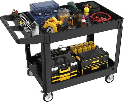 Heavy Duty Rolling Utility Cart with Wheels 2-Tier Utility Plastic Service Work Cart for Shop, Garage, Warehouse, Maintenance 550 lbs