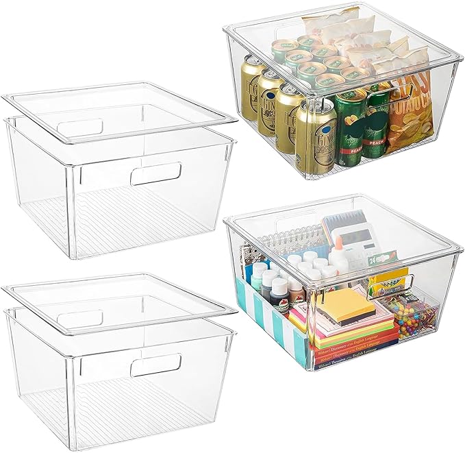 Extra Large Stackable Clear Plastic Storage Bins with Lids, Perfect for Kitchen Organization or Pantry Organization and Storage, Fridge Organizer Bins for Organizing, Under the Sink Organizers