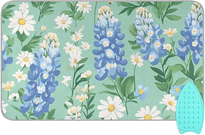 Mint Green Bluebonnet and Daisies Ironing Mat for Table top Portable Ironing Pad Blanket for Washer Dryer Countertop Travel