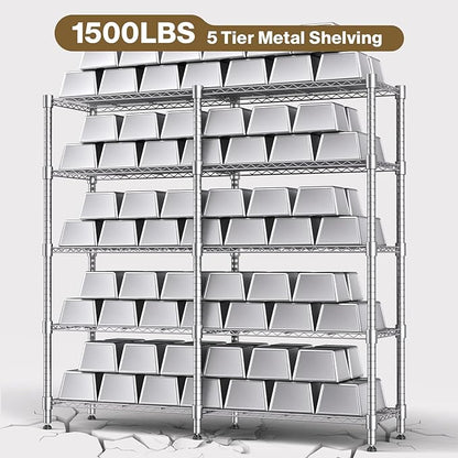 Himimi Storage Shelves-5 Tier Heavy Duty Wire Shelving Unit with Leveling Feet, 1500LBS Adjustable Metal Shelves Organizer for Kitchen Garage Pantry Laundry, 60" W*14" D*72" H, Silver