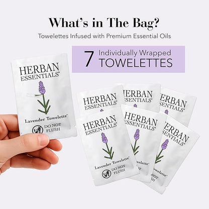 Herban Essentials - Lavender Wipes & Towelettes - Essential Oil Wipes for Make Up, Hands, Face & Body - Travel Size Essentials and Toiletries - Natural, Individually Wrapped and Disposable - 7 Count