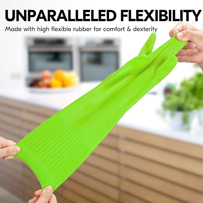Vgo... 1-Pair Dishwashing Gloves, Reusable Household Gloves, Kitchen Gloves, Long Sleeve, Thick Latex, Cleaning, Washing, Working, Painting, Gardening, Pet Care (Size S,Green, RB2143)