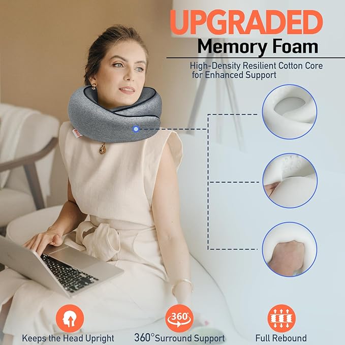 Travel Pillow | High-Density Memory Foam Pillow with 360° Surround Support. Ergonomically Designed. Ideal for Airplane Travel and Home Use.