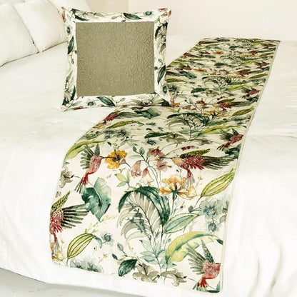 The HomeCentric King Queen Twin Ivory & Multi Designer King 90"x18" Bed Runner Without Pillow Cover, Bird, Sequins & Beaded Bed Scarf on Cotton Fabric - Exotic Birds
