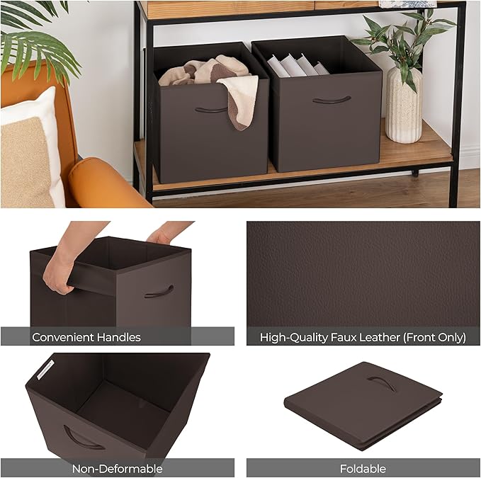 StorageWorks Brown Storage Cubes, 13x13 Storage Cube Bins with Handle, Cube Storage Organizer Bins for Shelves and Closet, Collapsible Storage Bins, 4-Pack