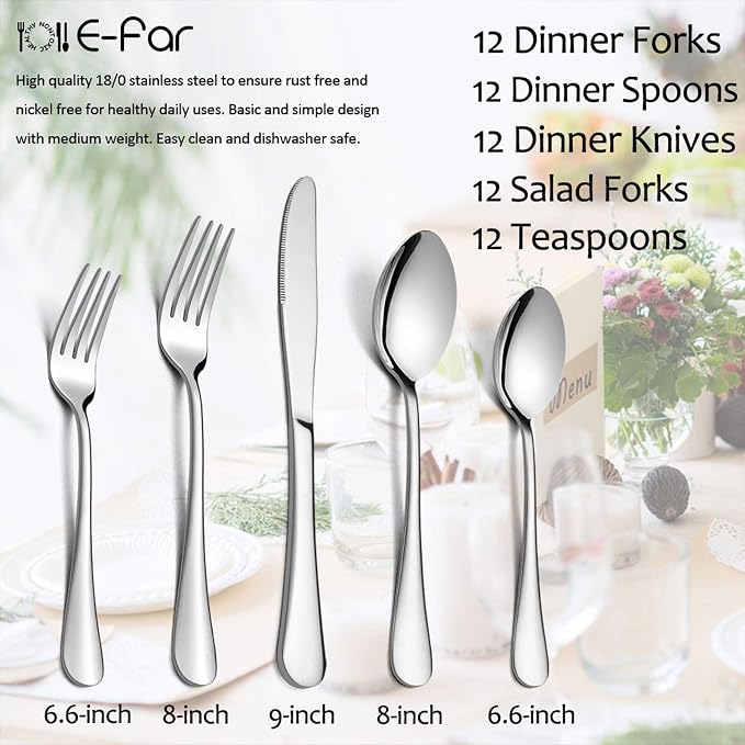 60-Piece Silverware Flatware Set, E-far Stainless Steel Dinner Cutlery Utensil