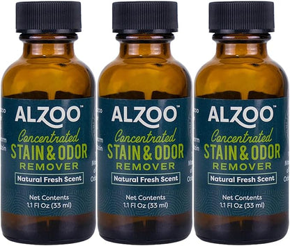 ALZOO Concentrated Stain & Odor Remover Refill Bottle, 100% Plant-Based Active Ingredients, 1.1 Fl. Oz, Pack of 3