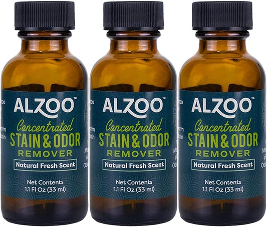 ALZOO Concentrated Stain & Odor Remover Refill Bottle, 100% Plant-Based Active Ingredients, 1.1 Fl. Oz, Pack of 3