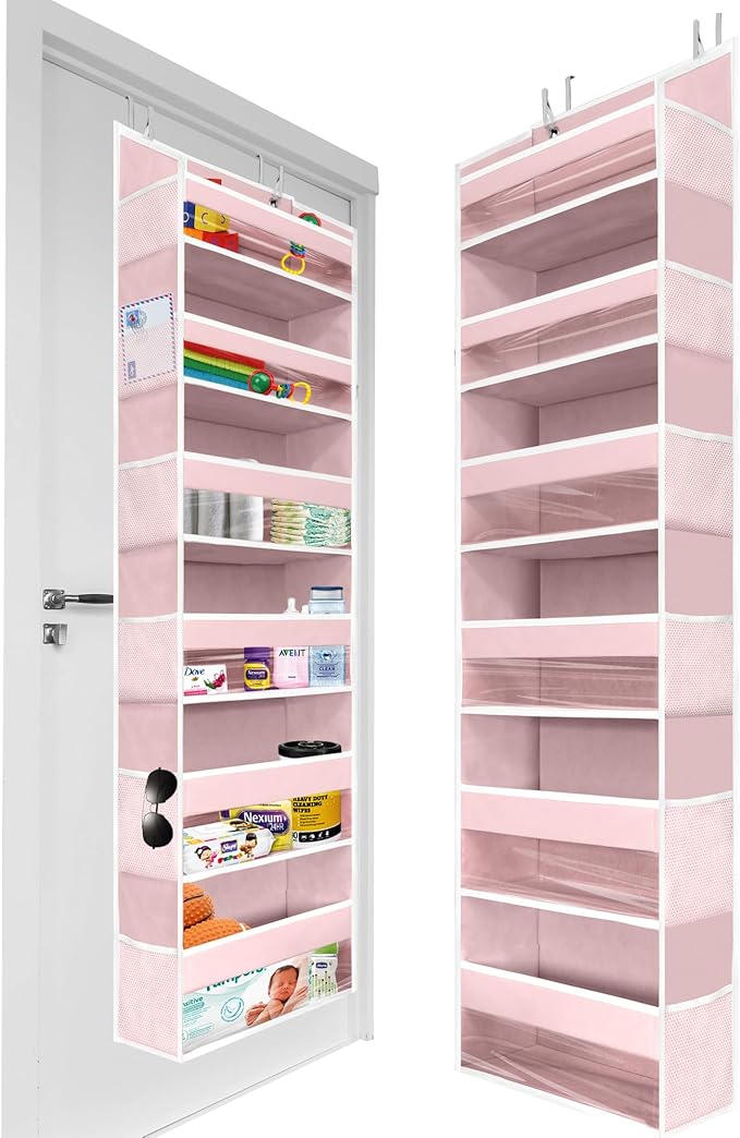 HOMELUX THEORY 1 PC Heavy Duty Over the Door Organizer 55x14x6.7, 6 Large Front & 12 Side Pockets, Hanging Storage Closet Door Organizer for Bedroom, Bathroom and Baby Nursery Storage (Baby Pink)