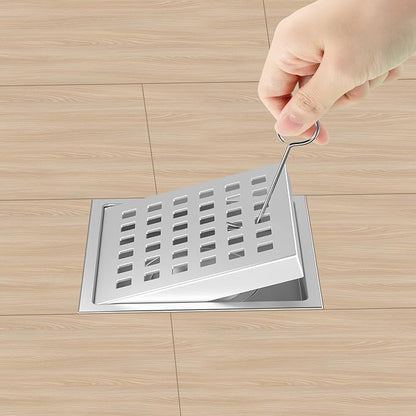 4-3/8 Inch Square Shower Drain Chrome, Bathroom Floor Drain, Stainless Steel Drain Kit with ABS Flange, Removable Grid Cover, Hair Strainer