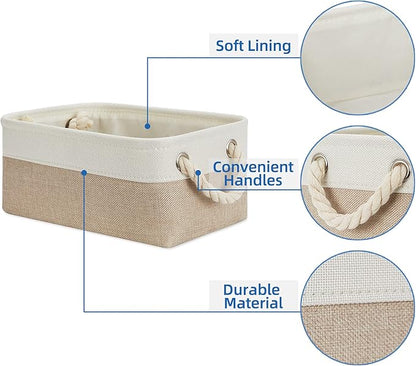 Temary Small Fabric Storage Baskets 6 Pcs Decorative Baskets Bins for Gifts Empty Foldable Storage Basket with Handles for Organizing Shelf, Towels (White&Khaki,11.8 L x 7.9 W x 5.3 H inches)