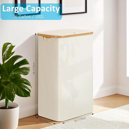 efluky Laundry Basket with Lid and Removable Bag, 100L Tall Laundry Hamper with Bamboo Handles, Aesthetic Dirty Clothes Bin for Laundry Room, Bathroom, Bedroom and Dorm, Beige