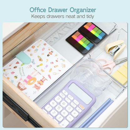 6 Pack Large Clear Plastic Drawer Organizer Trays, Desk Drawer Organizers and Storage Dividers, Non-Slip Storage Bins for Jewelry, Snacks, Office, Bathroom, Bedroom and Kitchen