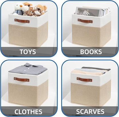 Temary Fabric Storage Cubes - 12 Inch Collapsible Bins (4Pack) - Empty Gift Baskets for Organizing Shelves, Closets, Nursery (White & Khaki)