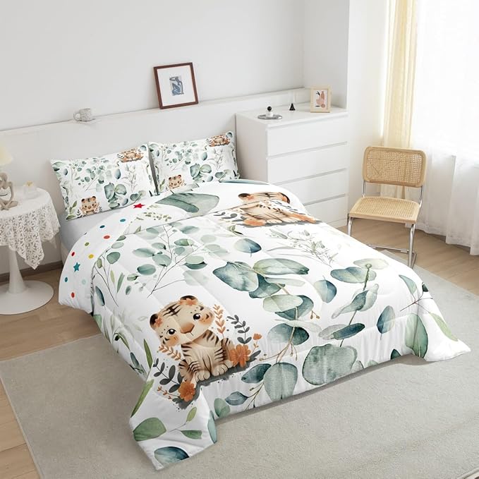 Erosebridal Kids Cute Animal Full Bedding Sets for Girls Boys Cartoon Tiger Comforter Set, Spring Eucalyptus Bedding Comforter Sets Watercolor Leaves Duvet Insert, Kawaii Jungle Animal Down Comforter